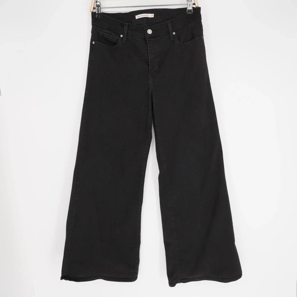 Levi's 318 Shaping Jeans Womens 29 Black Wide Leg Flare Stretch Mid Rise Y2K - Picture 1 of 13